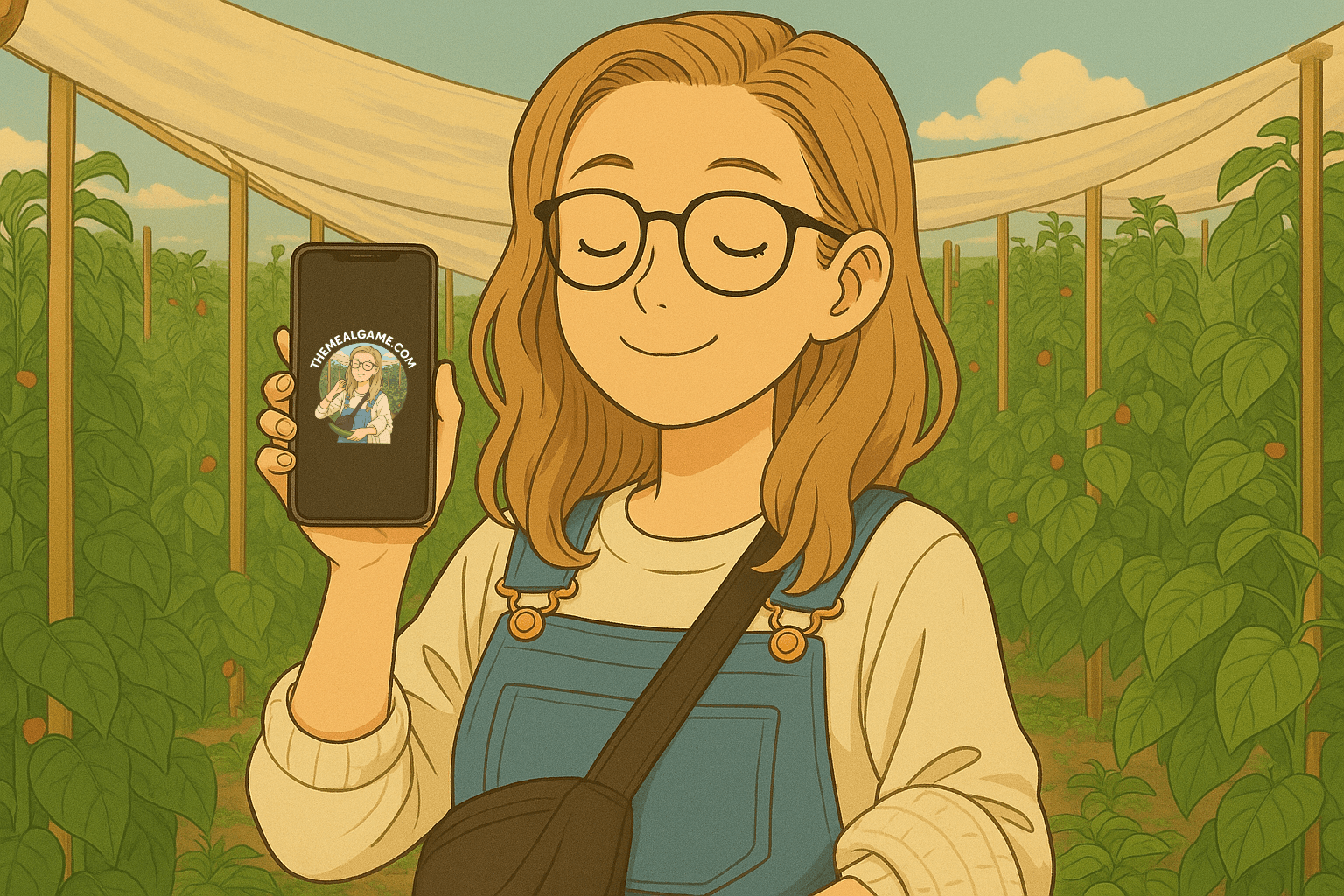Illustration of a smiling woman in a vegetable garden, holding up a phone with The Meal Game on it